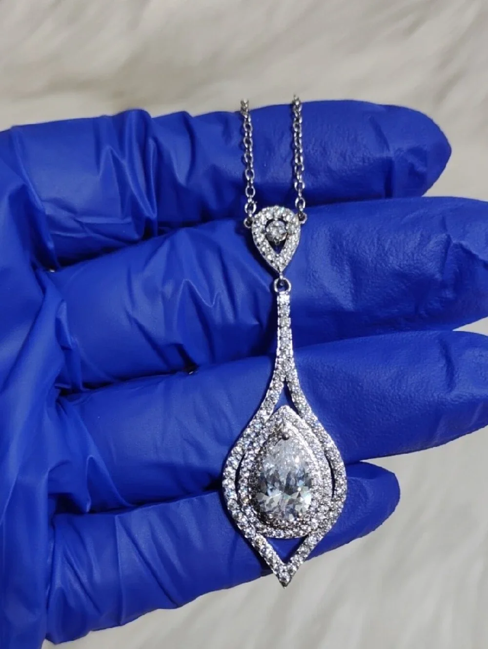 SALE! Fine Silver Plated Teardrop Sparkling CZ Diamond Statement Necklace - Picture 11 of 11